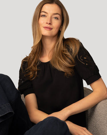 Embroidered Cutout Puff Sleeve Top