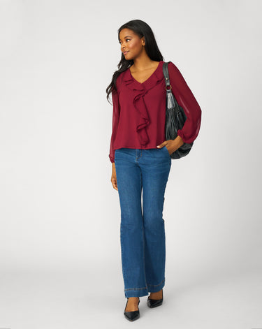 Poet Chiffon Ruffle & V-Neck Knit Top