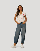 Crinkle Vneck Embroidered Tee