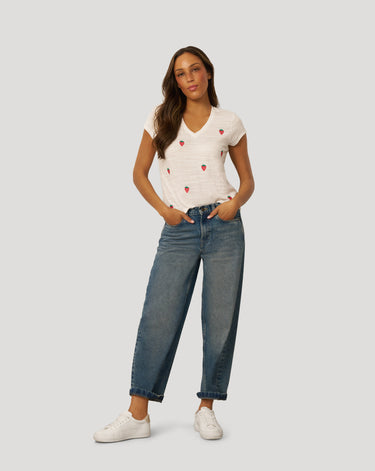 Crinkle Vneck Embroidered Tee