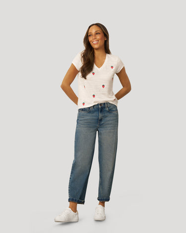Crinkle Vneck Embroidered Tee