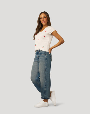 Crinkle Vneck Embroidered Tee