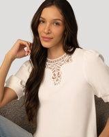 Embroidered Yoke Puff Sleeve Top
