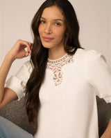 Embroidered Yoke Puff Sleeve Top