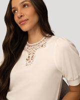 Embroidered Yoke Puff Sleeve Top