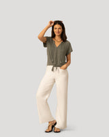 Embroidered Split Neck Tie Top