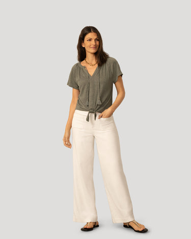 Embroidered Split Neck Tie Top