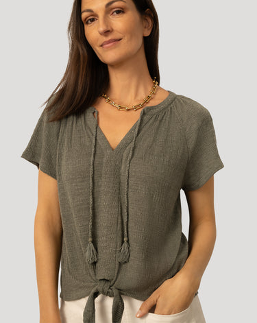 Embroidered Split Neck Tie Top