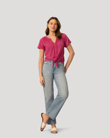 Embroidered Split Neck Tie Top