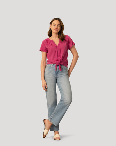 Embroidered Split Neck Tie Top