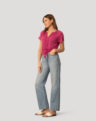 Embroidered Split Neck Tie Top