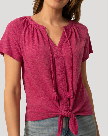 Embroidered Split Neck Tie Top