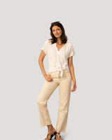 Embroidered Split Neck Tie Top