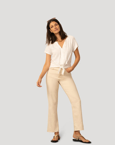 Embroidered Split Neck Tie Top