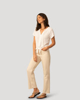 Embroidered Split Neck Tie Top