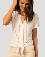Embroidered Split Neck Tie Top