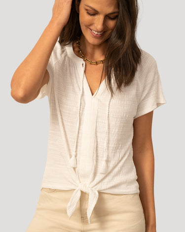 Embroidered Split Neck Tie Top