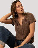 Crochet Trim Crinkle Peasant Top