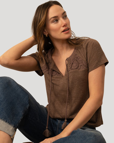 Crochet Trim Crinkle Peasant Top