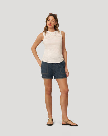 Embroidered Yoke Ruched Top