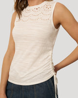 Embroidered Yoke Ruched Top