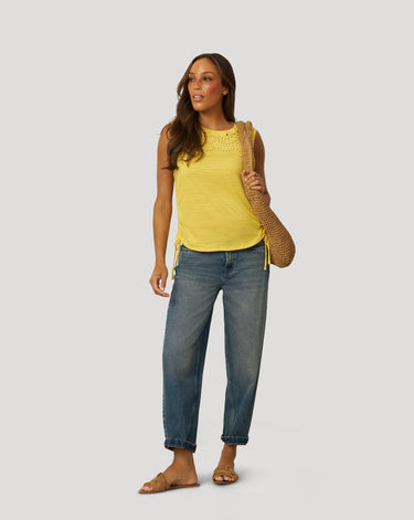 Embroidered Yoke Ruched Top