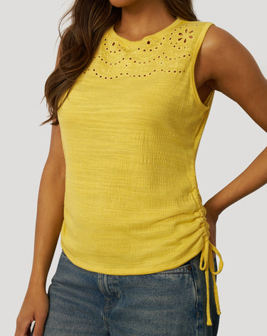 Embroidered Yoke Ruched Top