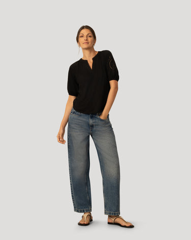 Slub Knit Split Neck Raglan Top