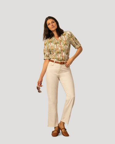 Printed Linen Blend Button Front Top