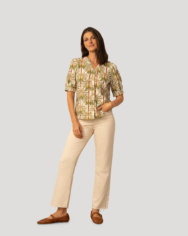 Printed Linen Blend Button Front Top