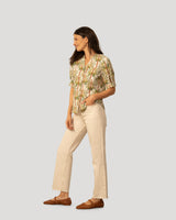 Printed Linen Blend Button Front Top
