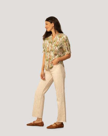 Printed Linen Blend Button Front Top