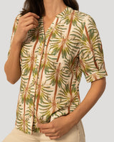 Printed Linen Blend Button Front Top