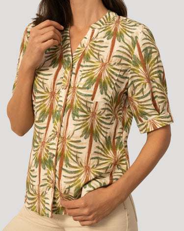 Printed Linen Blend Button Front Top