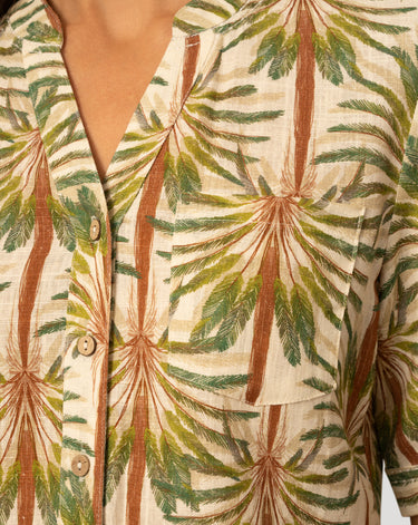 Printed Linen Blend Button Front Top