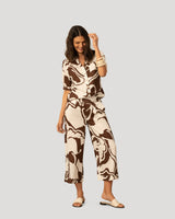 Printed Linen Blend Button Front Top
