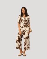 Printed Linen Blend Button Front Top