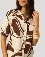 Printed Linen Blend Button Front Top