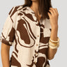 Printed Linen Blend Button Front Top