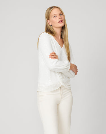 Cable & Gauge Sequin Twist Front Mesh Top Long Sleeve Cable & Gauge Sequin Twist Front Mesh Top Long Sleeve