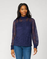 Lace Mock Neck Top In The Navy
