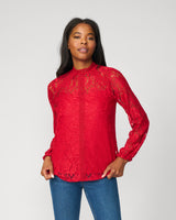 Lace Trim Mock Neck Top Equestrian Red