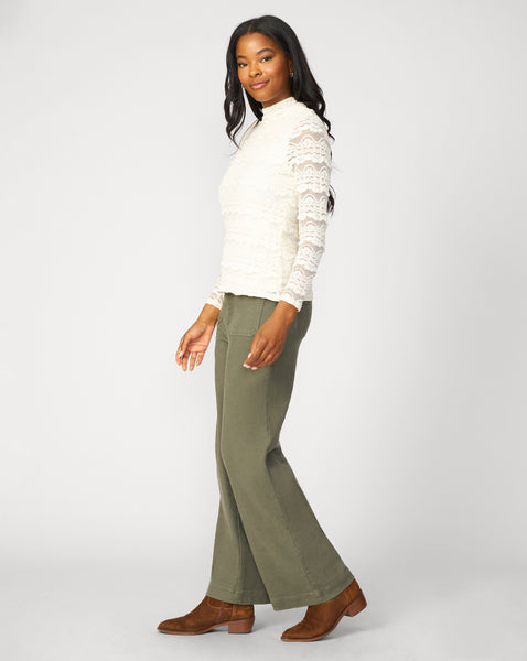 Cable & Gauge Ruffle Lace Stretch Mock Neck Top, Whisper White