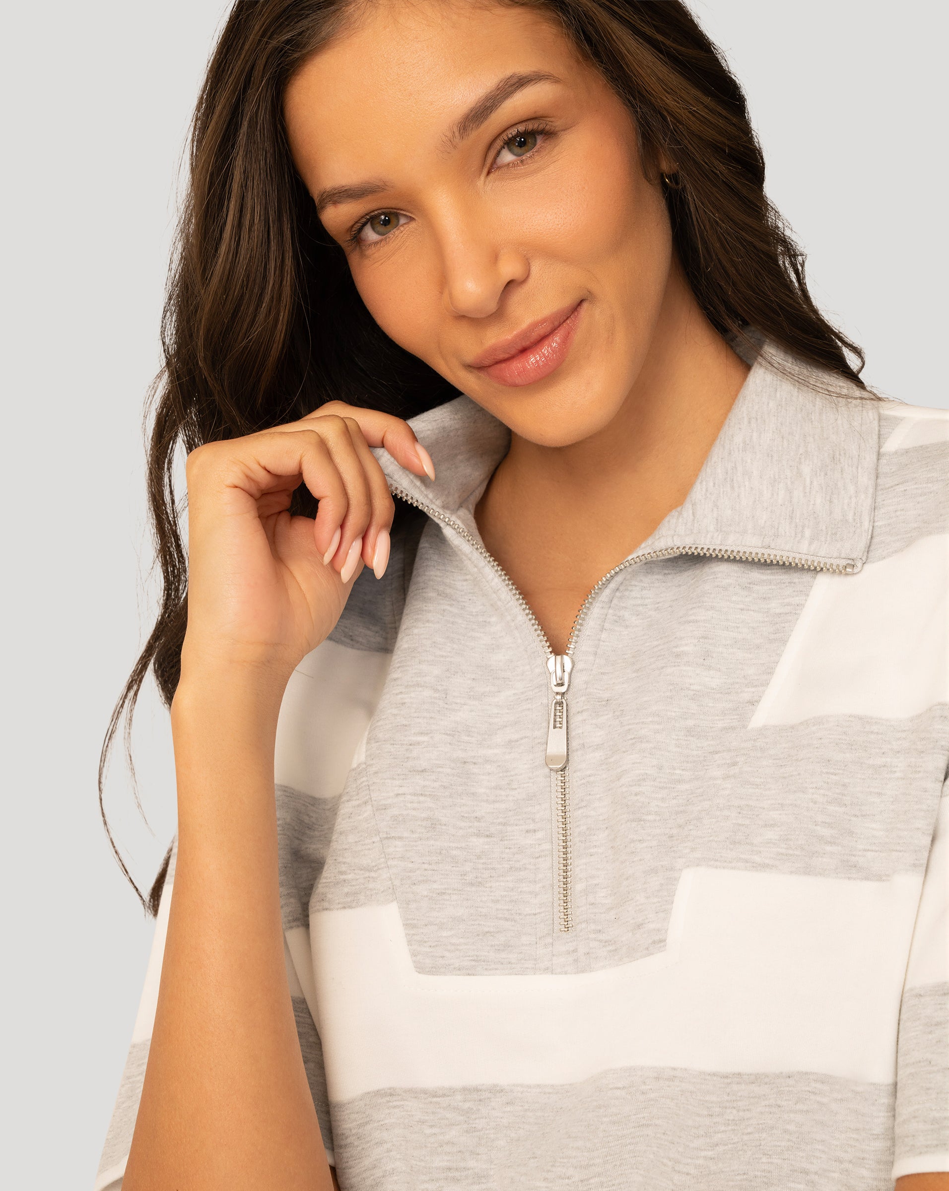 Women's Striped Half Zip Short Set in Light Gray with Nature