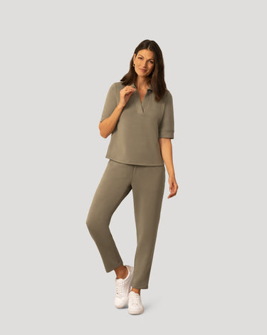 Rib Collar Polo Top and Capri Pant Set