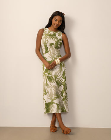 Printed Side Ruched Midi Dress